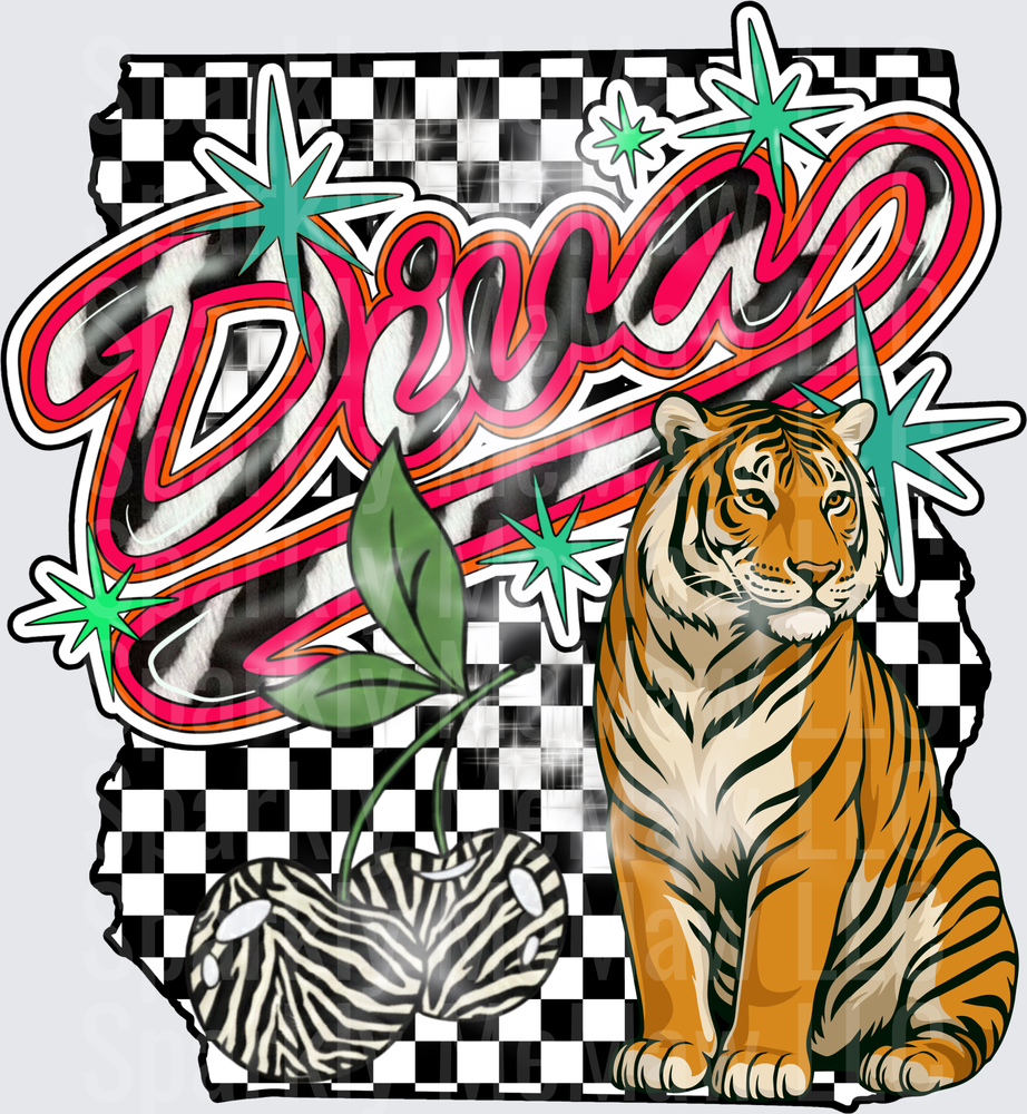 Disco Text with Tiger and Zebra Print on Checkered Background UV DTF Decal