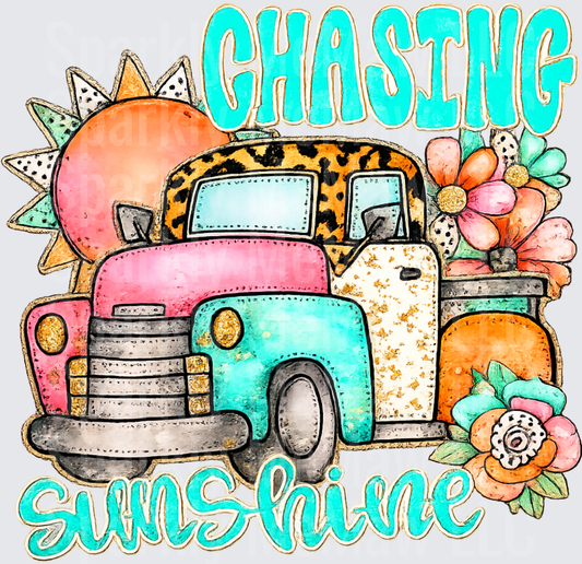 Chasing Sunshine Vintage Truck with Leopard Print and Floral Design UV DTF Decal