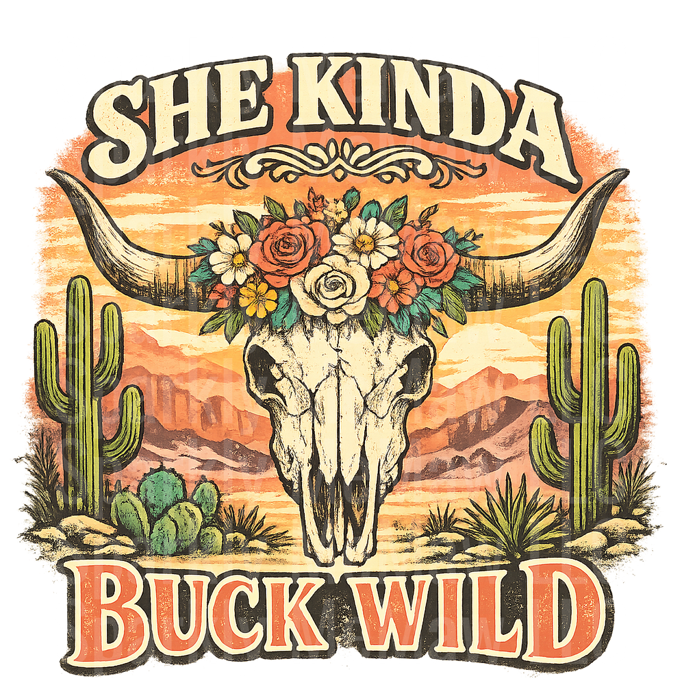 She Kinda Buck Wild Bull Skull Desert Scene with Floral Crown UV DTF Decal