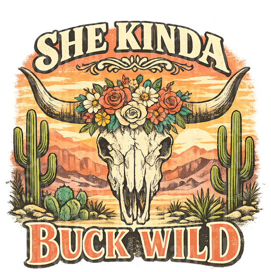She Kinda Buck Wild Bull Skull Desert Scene with Floral Crown UV DTF Decal