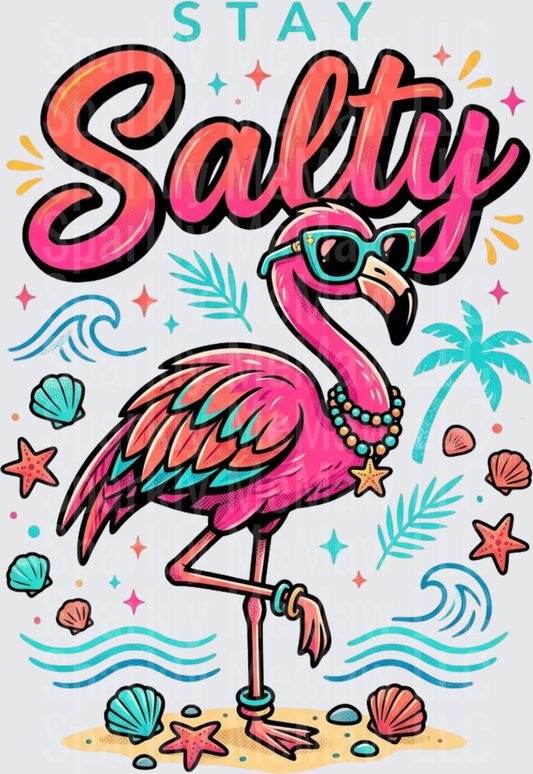 Stay Salty Cool Flamingo with Sunglasses Beach Vibes DTF Transfer for Fabric