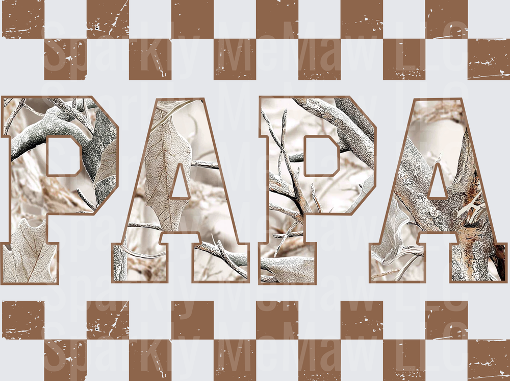 PAPA Text with Hunting Camouflage Pattern and Brown Checkered Border UV DTF Decal
