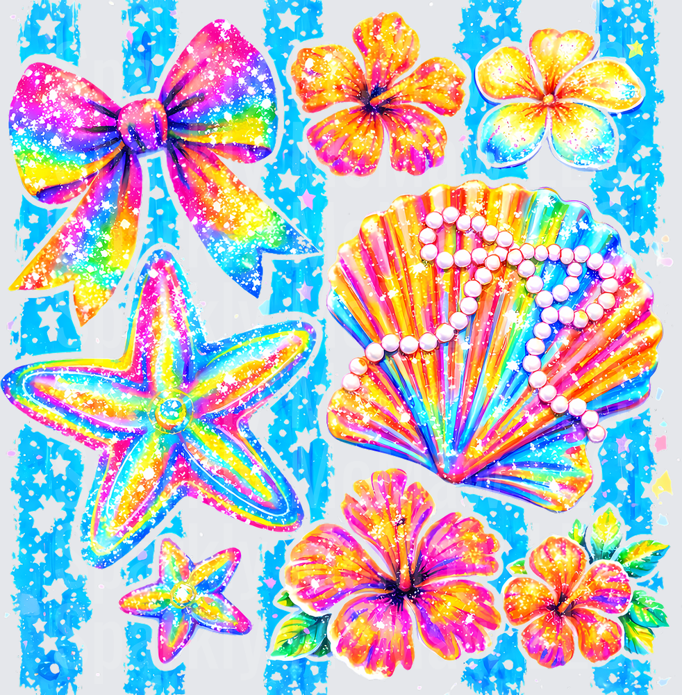 UV DTF Decal Rainbow Tropical Beach Hibiscus Flowers Starfish Seashells Pearl Design