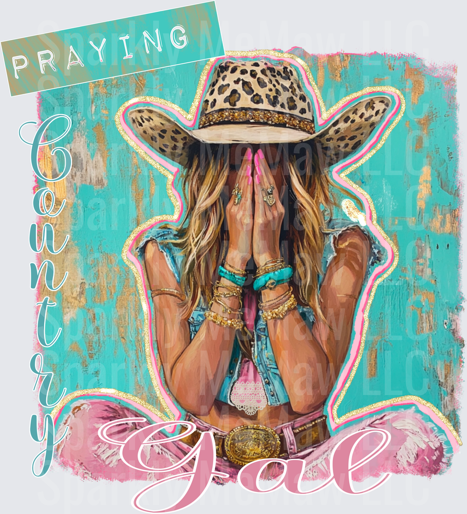 Praying Country Gal Cowgirl with Leopard Hat and Turquoise Cross - UV DTF Decal