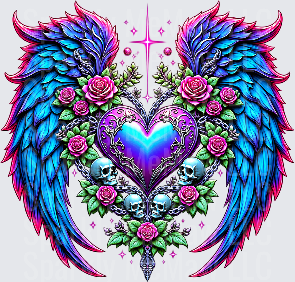 Gothic Angel Wings Heart Skulls UV DTF DECAL (HARD SMOOTH SURFACE)
