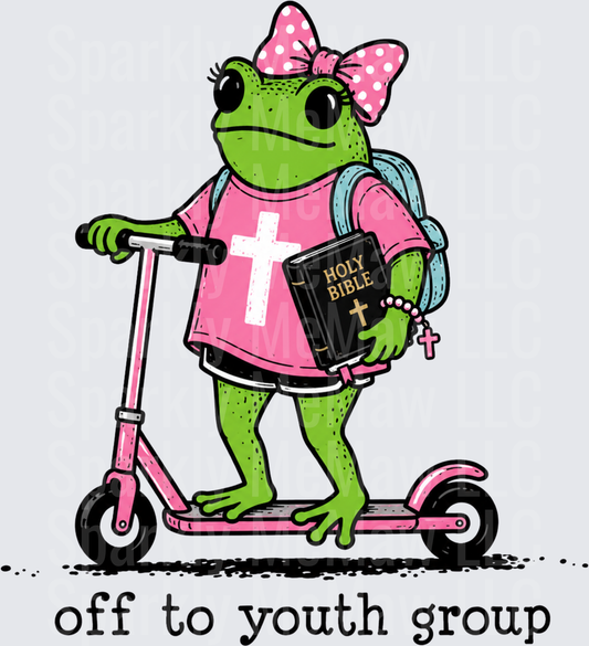 Off to Youth Group Frog on Scooter with Bible and Pink Bow UV DTF Decal