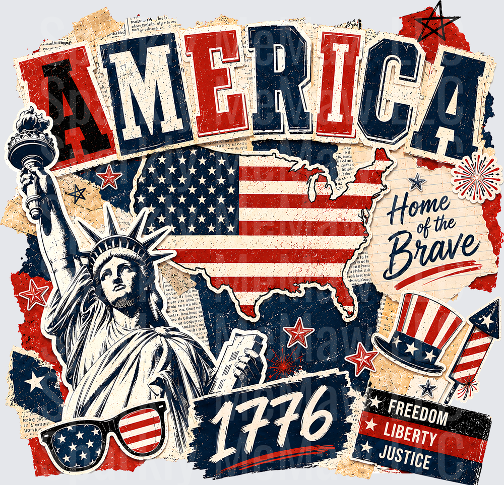 America Home of the Brave 1776 Statue of Liberty Patriotic Collage UV DTF Decal