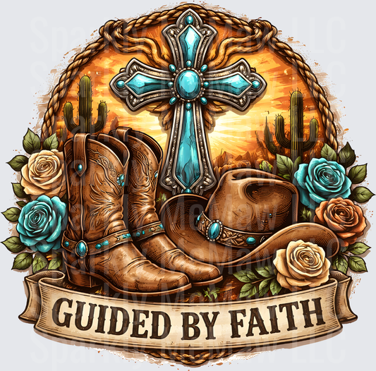 Guided By Faith Western Cross Cowboy Boots Hat Desert Roses UV DTF Decal