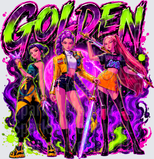Golden Anime Girl Squad Neon Warrior Three Baddie Characters with Magic Swords Purple Moon DTF Transfer for fabrics