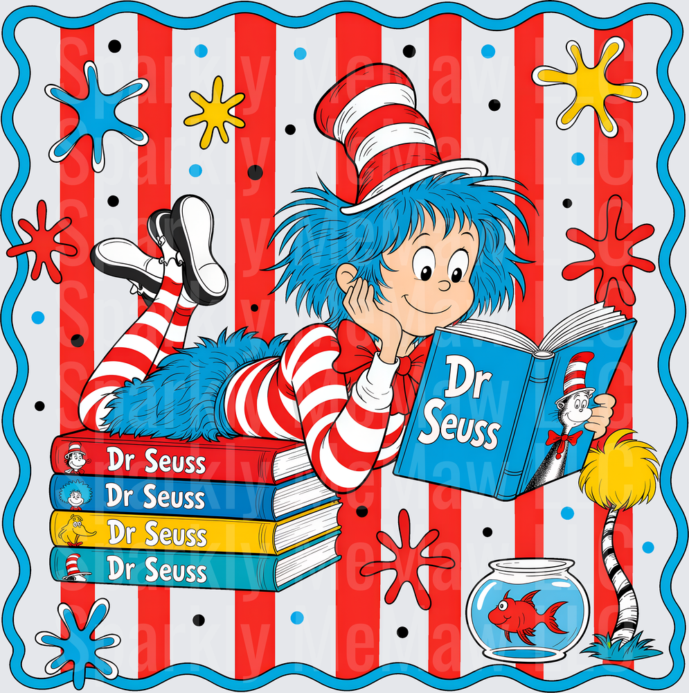 Thing One Reading Dr Seuss Books UV DTF Decal