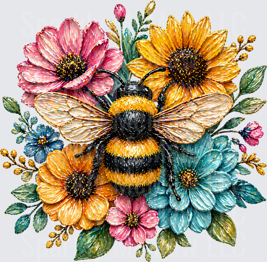 Vintage Bumblebee with Colorful Wildflower Bouquet UV DTF Decal