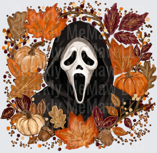 Ghostface Scream Mask Autumn Fall Wreath Pumpkins Leaves Acorns Halloween DTF Transfer for fabrics