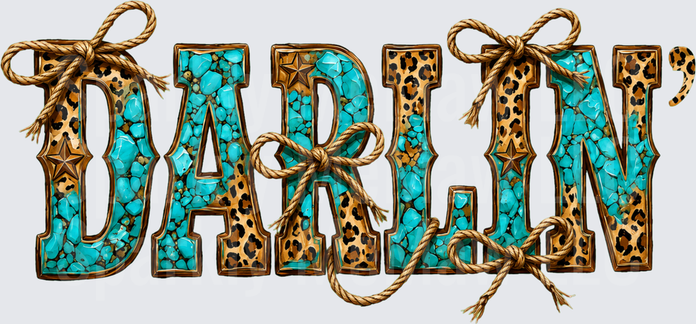 Darlin' Turquoise Stone and Leopard Print Western Rope Bow Letters uv dtf decal