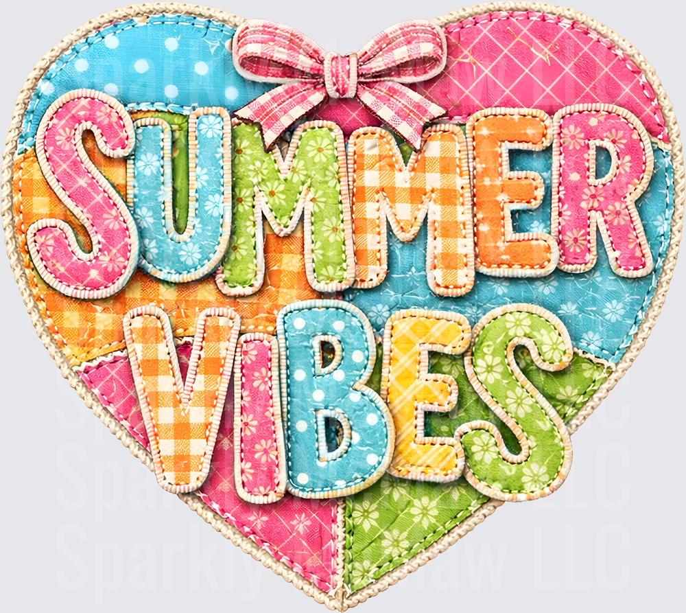 Summer Vibes Colorful Patchwork Heart with Bow UV DTF Decal