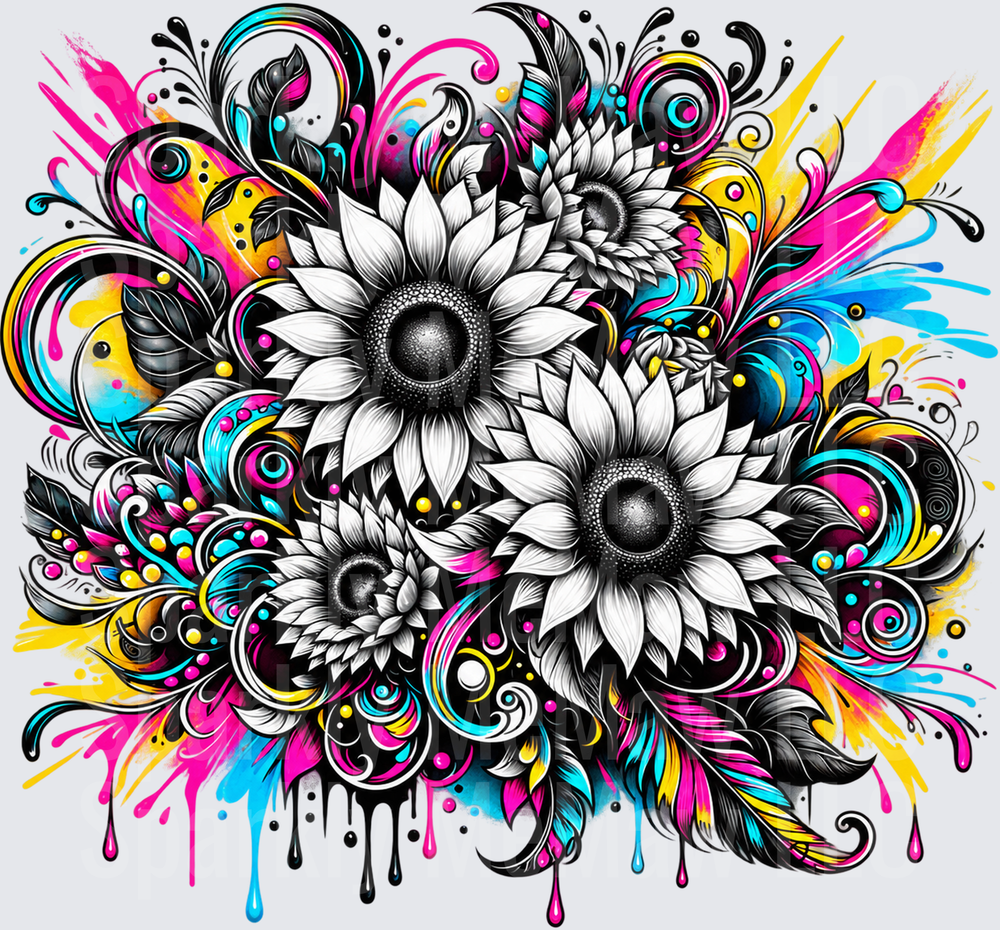 Black and White Sunflowers Splash is a DTF Transfer for Fabrics
