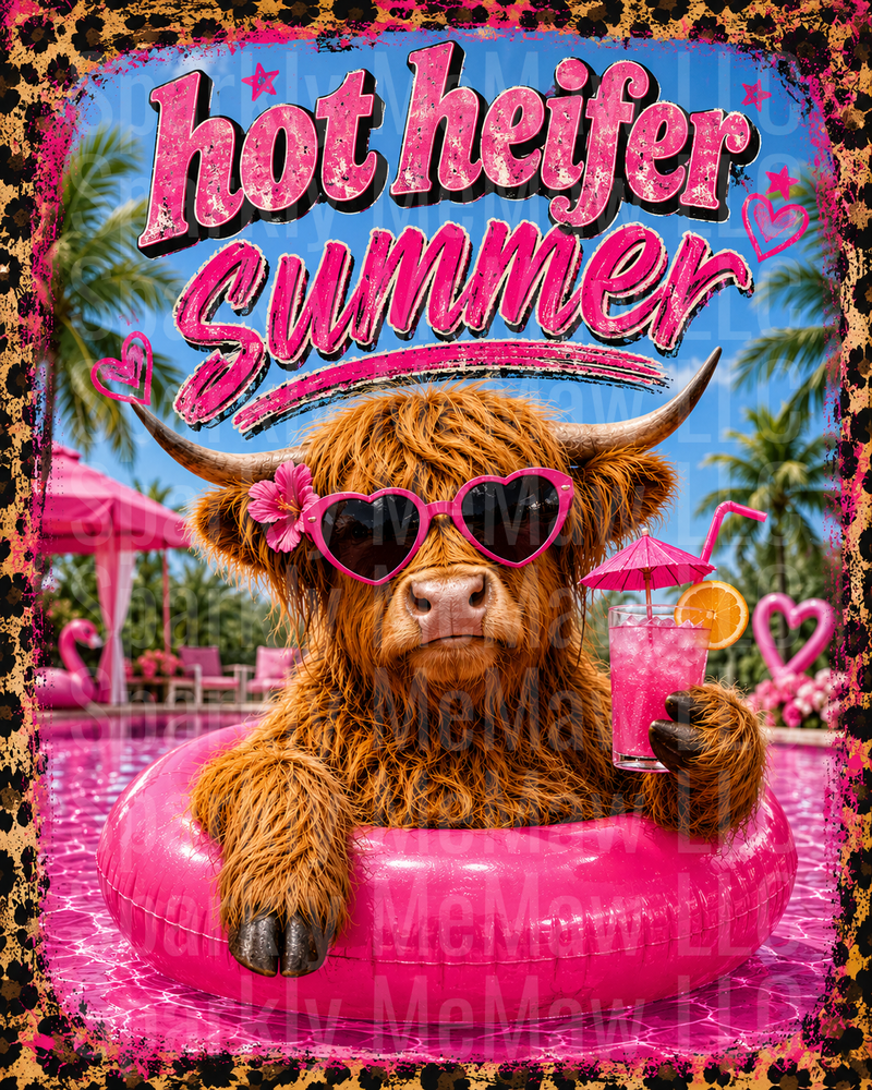 Hot Heifer Summer Highland Cow with Pink Sunglasses Pool Float Tropical Vacation DTF Transfer for Fabric