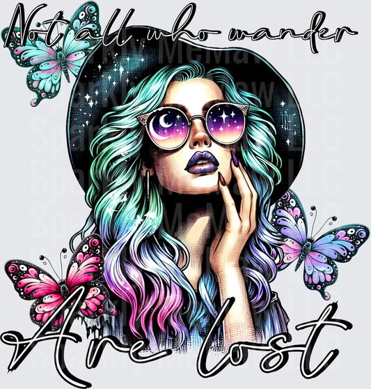 Not All Who Wander Are Lost Woman with Galaxy Sunglasses and Butterflies UV DTF Decal