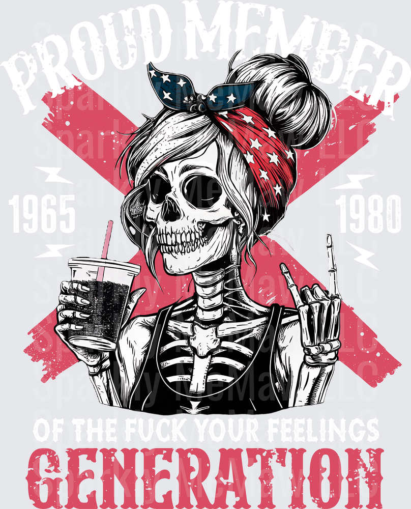 Patriotic Female Skeleton with American Flag Bandana Holding Drink and Peace Sign Generation X DTF Transfer for Fabric