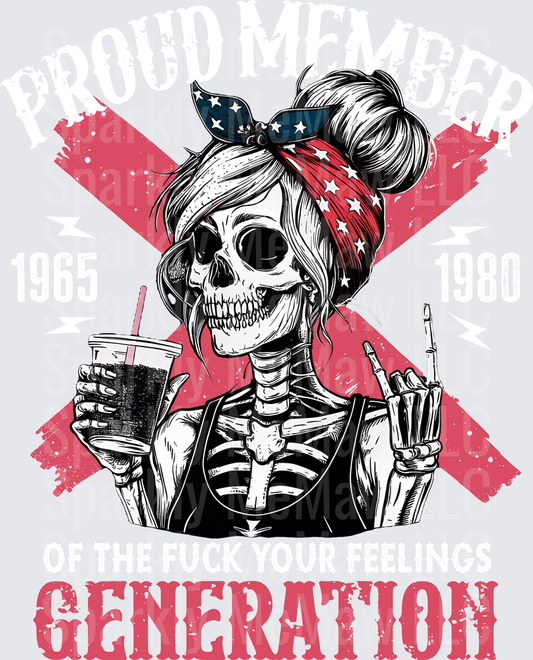 Patriotic Female Skeleton with American Flag Bandana Holding Drink and Peace Sign Generation X DTF Transfer for Fabric