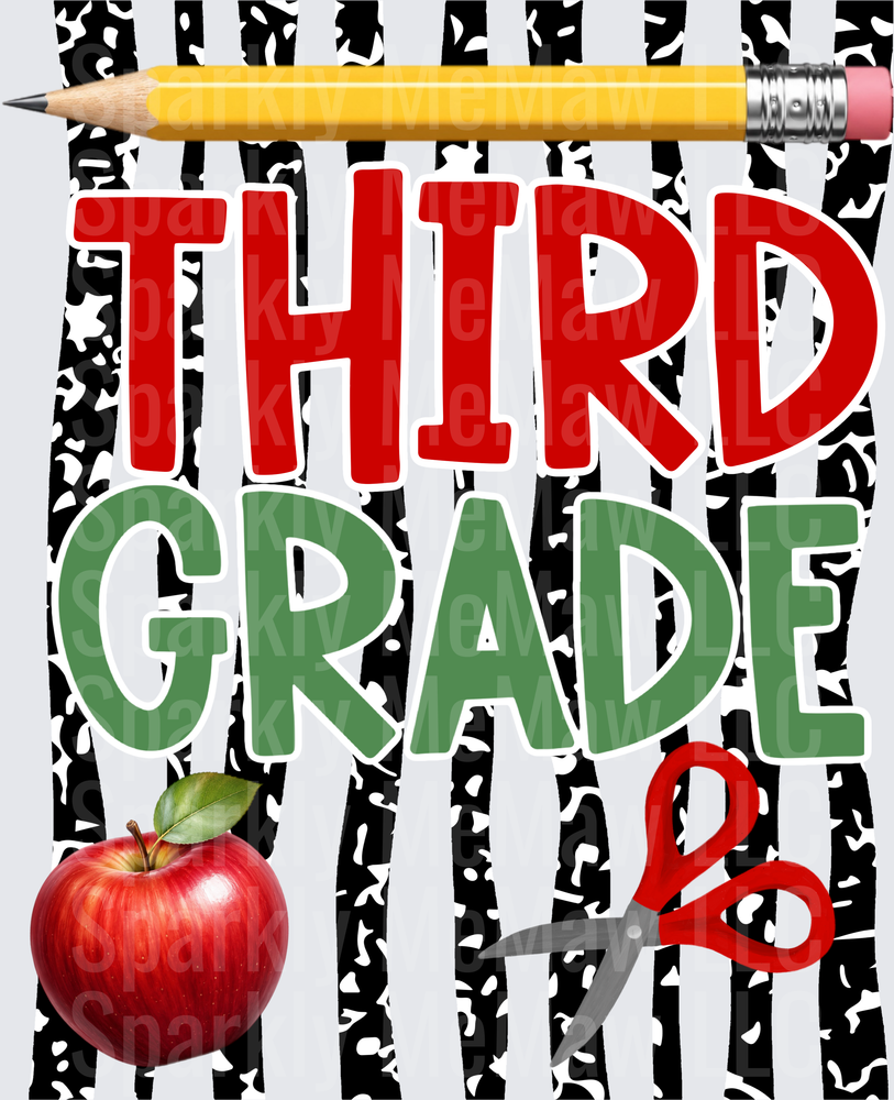 Third Grade Teacher Back to School DTF Transfer with Apple Pencil and Scissors on Black White Pattern Background