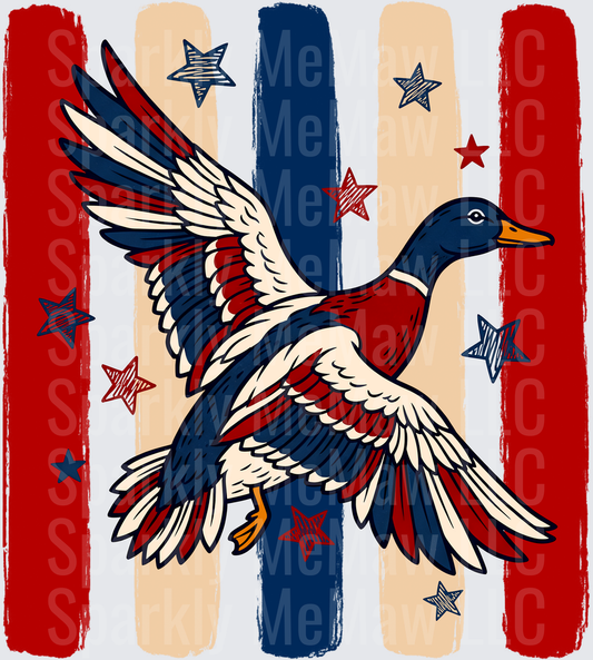 Patriotic Flying Duck with Red White Blue Stars and Stripes Background UV DTF Decal
