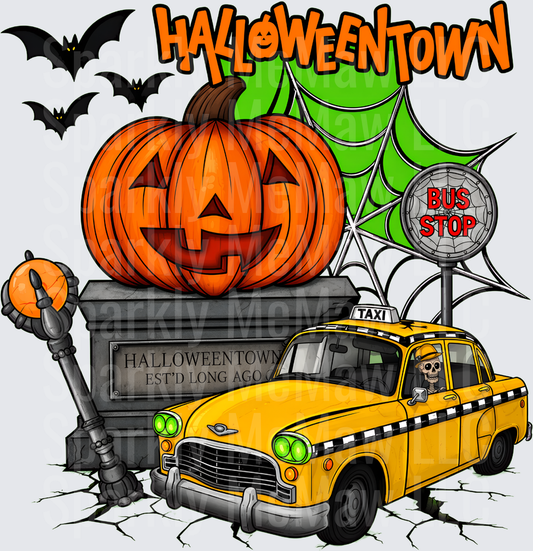 Halloweentown Est'd Long Ago Jack-O-Lantern Skeleton Taxi Cab Bus Stop Spiderweb Bats DTF Transfer for Fabrics