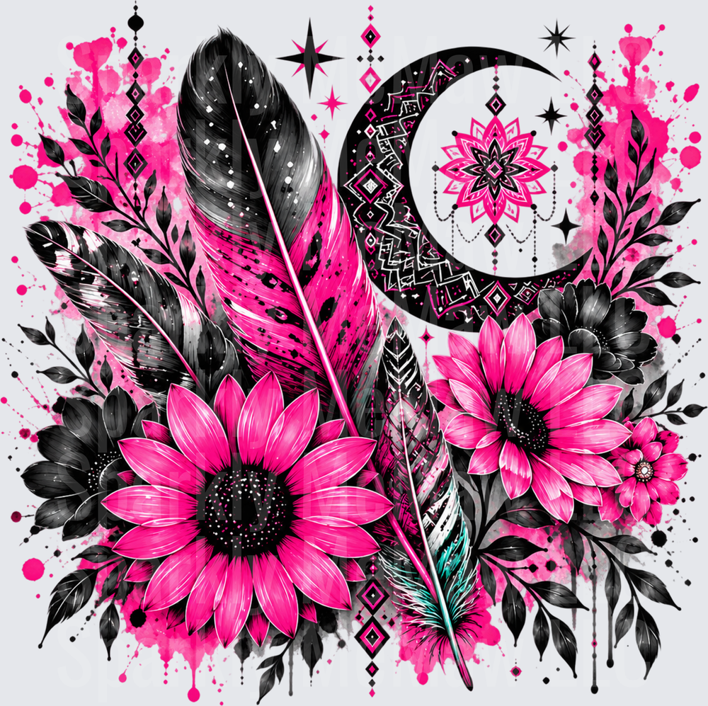 Hot Pink Boho Feathers Moon is a UV DTF Decal