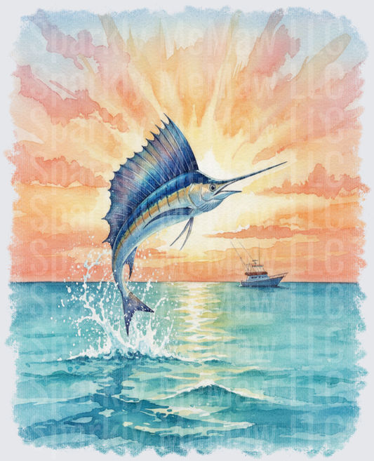 Sailfish Jumping from Ocean at Sunset with Fishing Boat UV DTF Decal