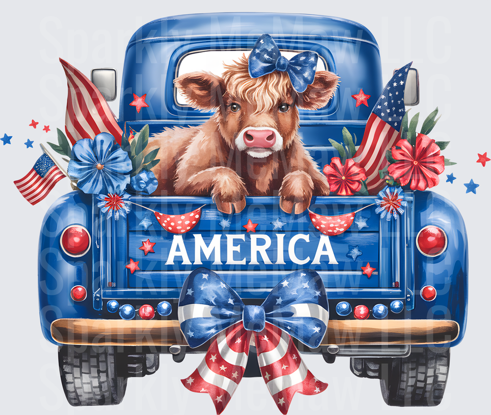 Patriotic Highland Cow in Blue Vintage Truck with American Flags and Stars UV DTF Decal