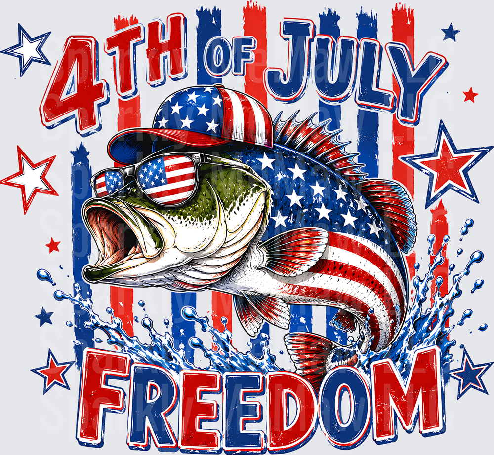 4th of July Freedom Patriotic Bass Fish Wearing American Flag Sunglasses and Cap DTF Transfer for Fabric