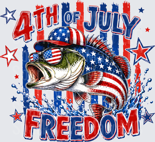 4th of July Freedom Patriotic Bass Fish Wearing American Flag Sunglasses and Cap DTF Transfer for Fabric