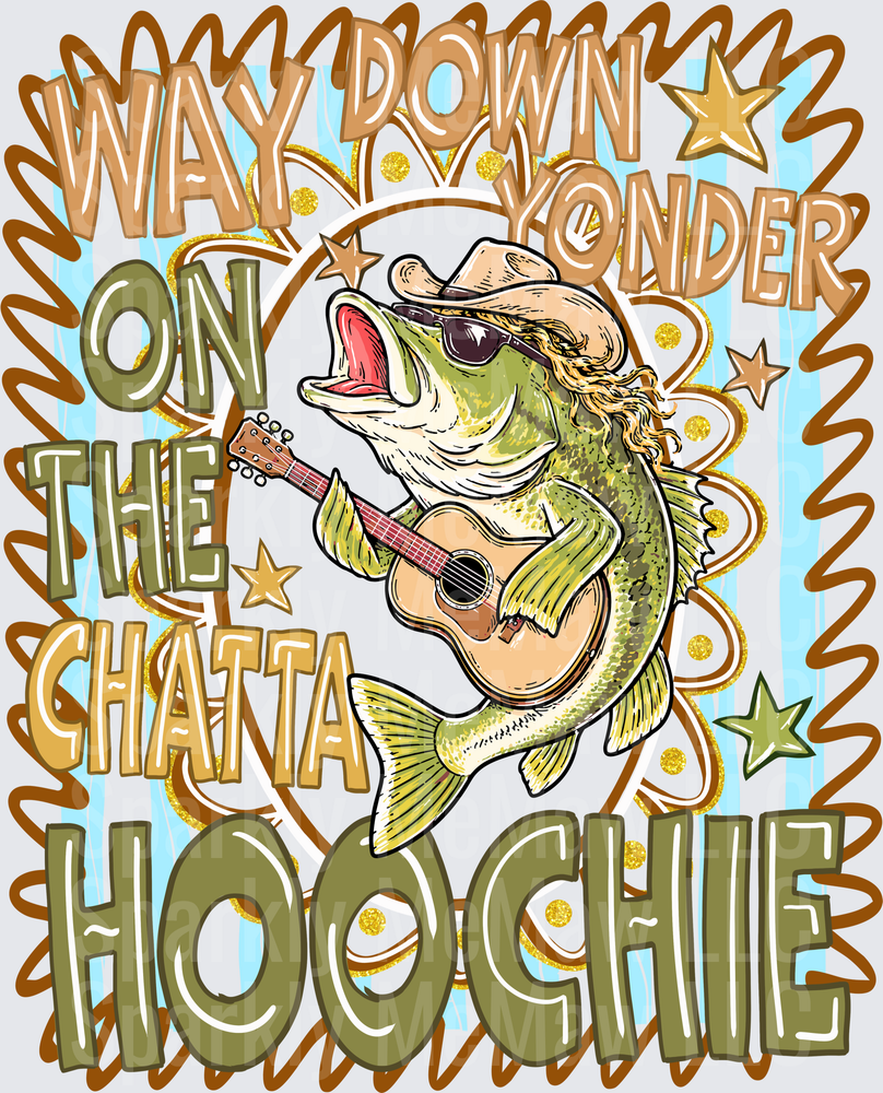 Way Down Yonder On The Chattahoochee Bass Fish Playing Guitar Country Music DTF Transfer for Fabric