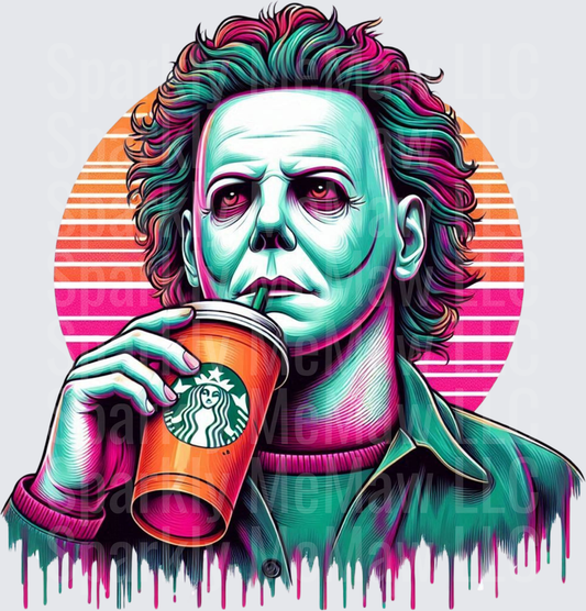Michael Myers Holding Starbucks Coffee Retro Synthwave UV DTF Decal