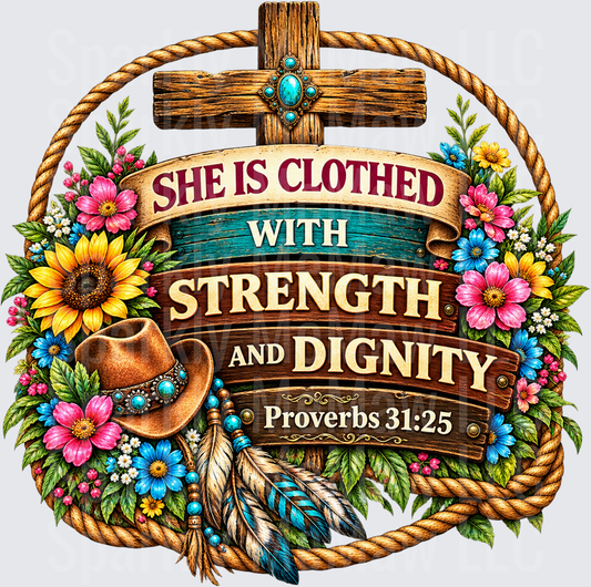 She Is Clothed With Strength And Dignity Proverbs 31:25 Western Floral Cross is a DTF Transfer for Fabrics