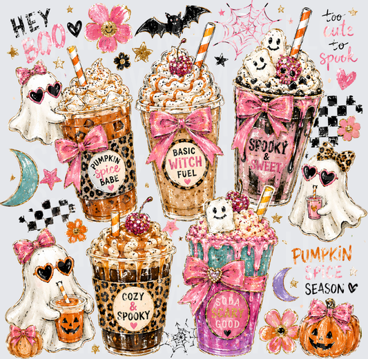 Hey Boo Too Cute To Spook Pumpkin Spice Season Halloween Ghost Coffee Drinks Pink Bow Leopard Print Spooky Sweet Witch Fuel DTF Transfer for Fabrics