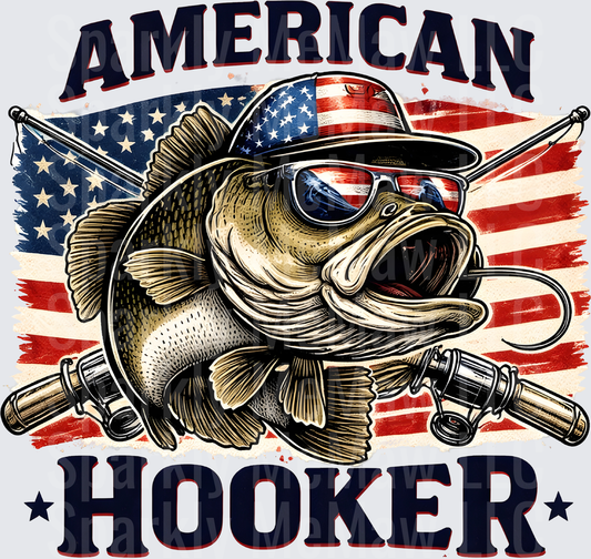 American Hooker Bass Fish with Sunglasses and Fishing Rods Flag Design