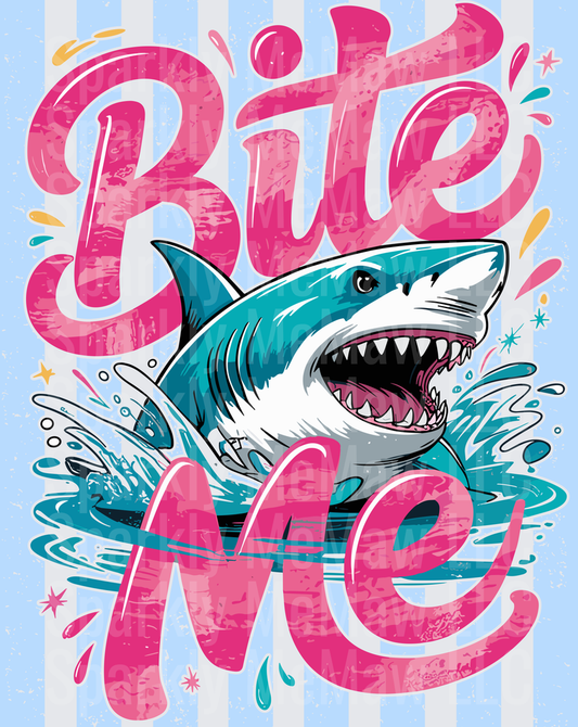 Bite Me Shark Attack Pink Typography UV DTF Decal