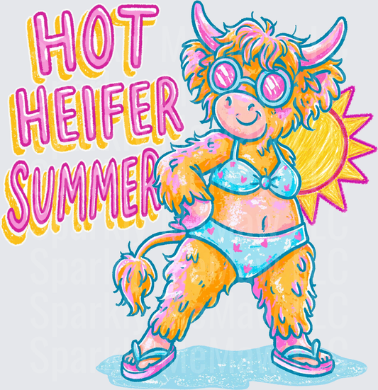 Hot Heifer Summer Funny Highland Cow in Bikini DTF Transfer for Fabric