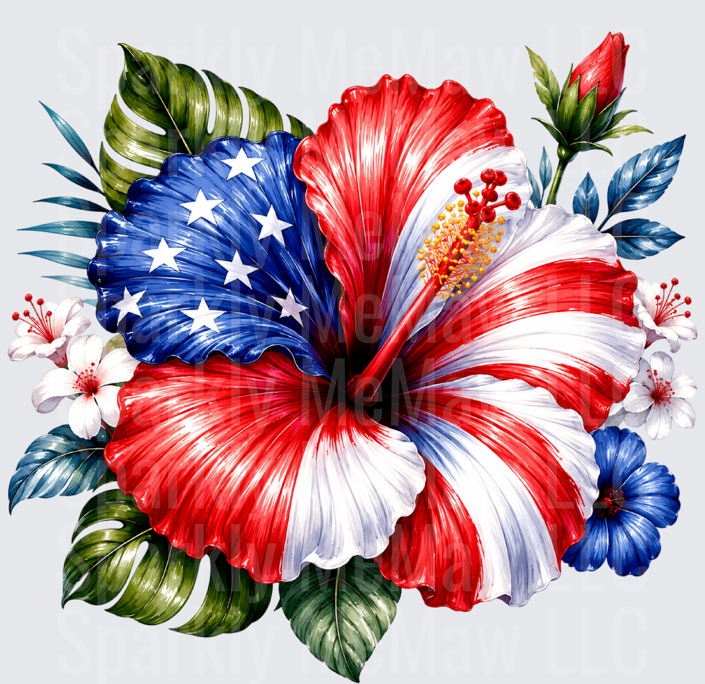 American Flag Hibiscus Flower Tropical Patriotic Design UV DTF Decal