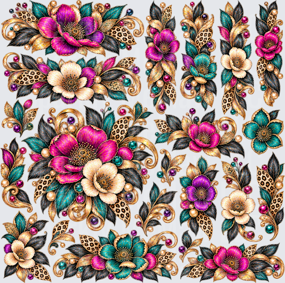 Jewel Floral Leopard Bouquet Gang Sheet is a 10x10 Cut and stick uv Sheet