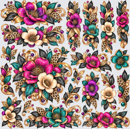 Jewel Floral Leopard Bouquet Gang Sheet is a 10x10 Cut and stick uv Sheet