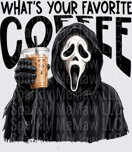 Ghostface Scream Mask Horror Character Holding Iced Coffee What's Your Favorite Coffee Halloween DTF Transfer