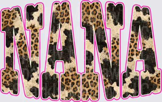 Nana Leopard Print Distressed Bold Letters with Pink Outline DTF Transfer for Fabrics