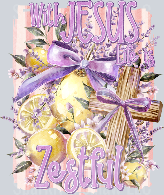 With Jesus Life is Zestful Lemons Lavender Cross Purple Bow UV DTF Decal