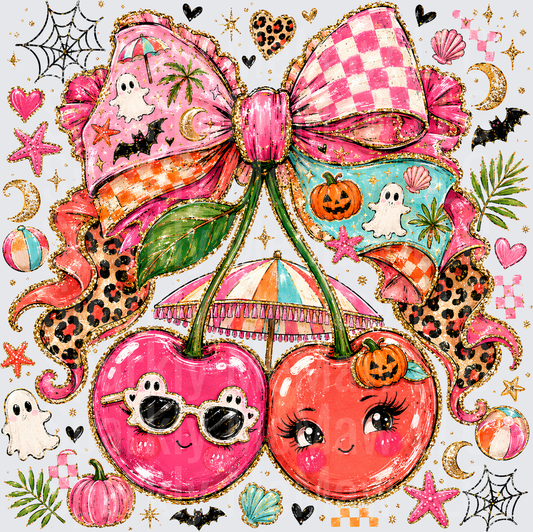 Cute Halloween Cherry Besties with Coquette Bow Beach Umbrella Pumpkin Ghost Glitter UV DTF Decal