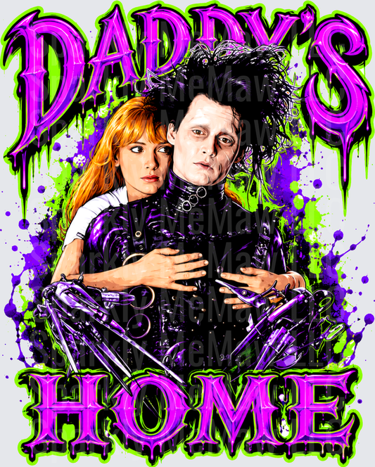 Edward Scissorhands and Kim Embrace Daddy's Home UV DTF Decal with Purple Green Drip Gothic Horror Lettering Splatter Art