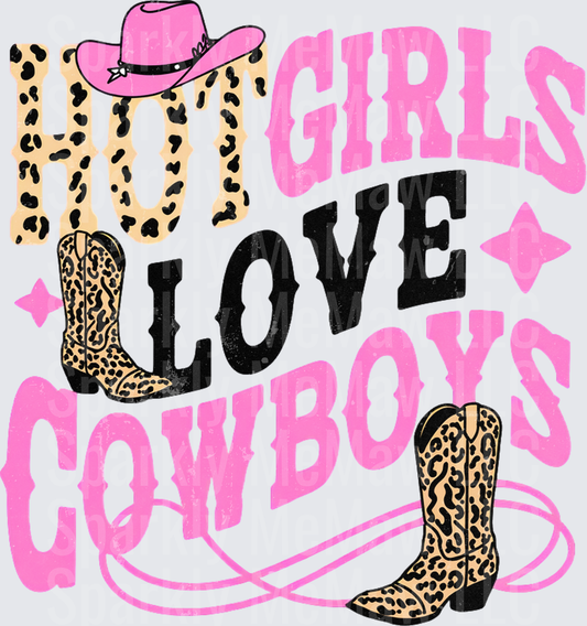Hot Girls Love Cowboys Leopard Print Western Boots Pink Cowgirl Hat DTF Transfer for Fabric