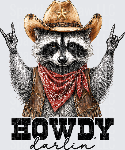 Howdy Darlin Raccoon Cowboy with Rock Horns and Bandana UV DTF Decal
