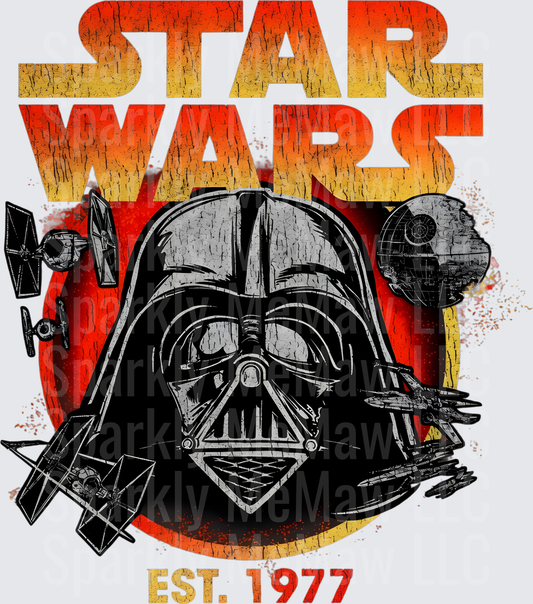 Star Wars Darth Vader Helmet with TIE Fighters Death Star Vintage Distressed Est 1977 DTF Transfer for Fabric