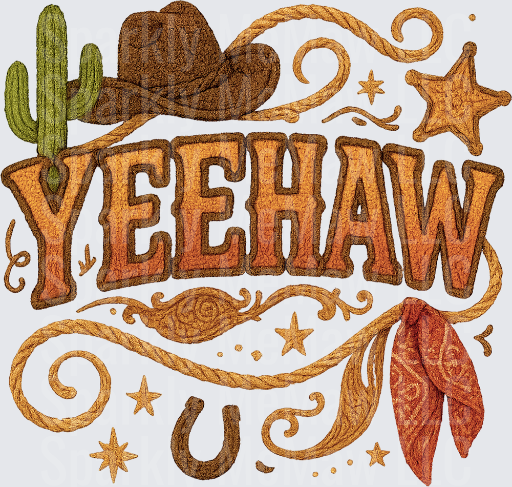 UV DTF Decal Yeehaw Western Embroidery Style Design with Cowboy Hat Cactus Sheriff Star Horseshoe and Rope Swirls